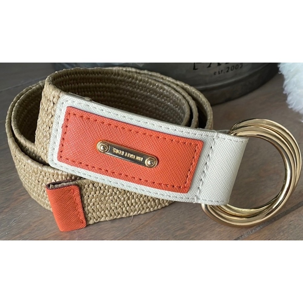 Michael Kors Woven Straw Belt Tan Orange White Leather Gold D-Ring Buckle 42"